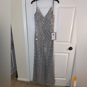 PROM: Silver Sequin V Neck Spaghetti Strap Gown